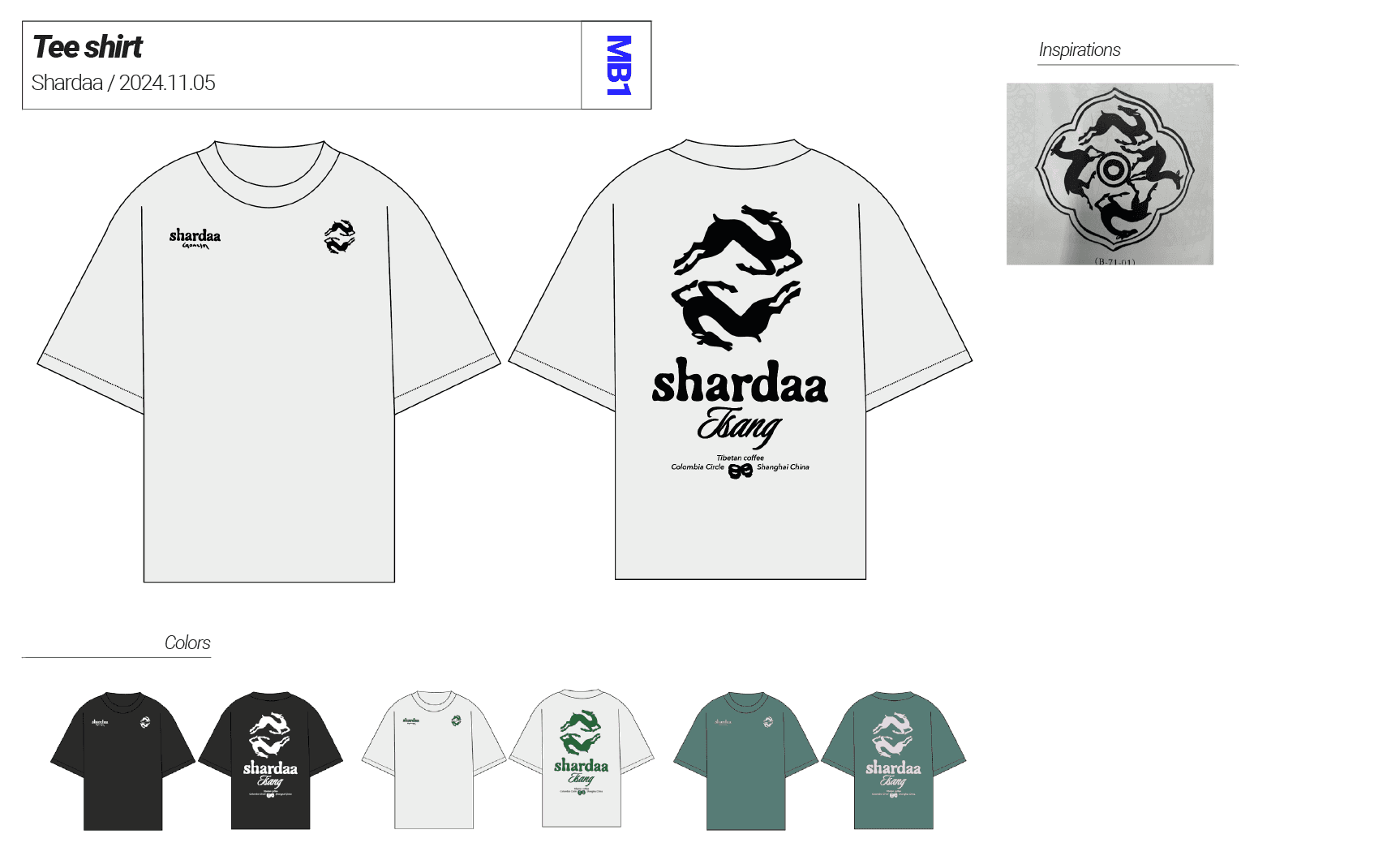 Design sheet showing front and back proposals for Shardaa streetwear T-shirts with custom graphic prints.