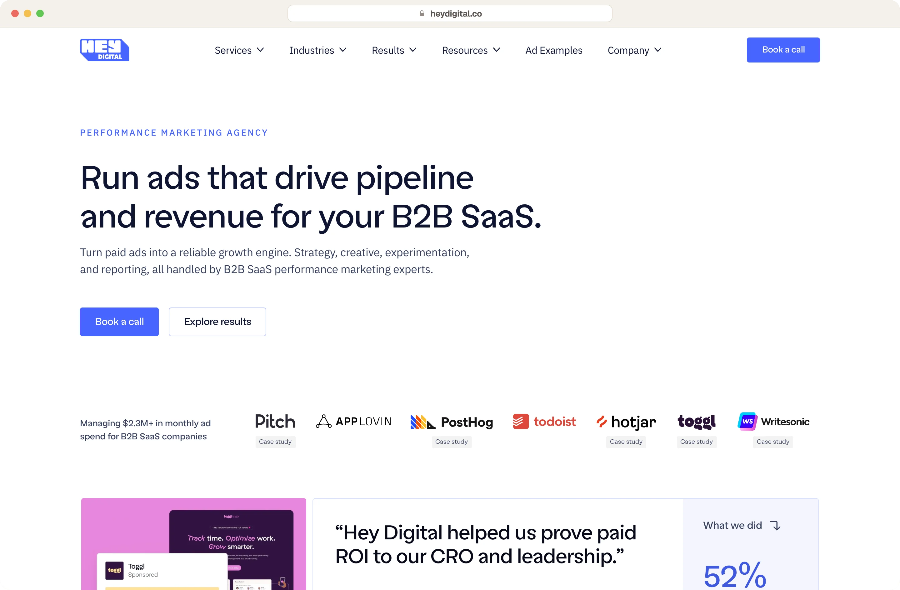 Hey Digital homepage, a paid media agency that only works with B2B SaaS companies
