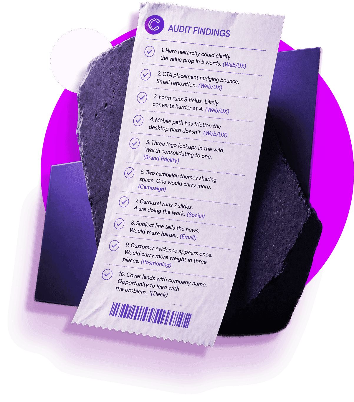 "Audit Findings" receipt: hero hierarchy, CTA placement, forms, mobile friction.