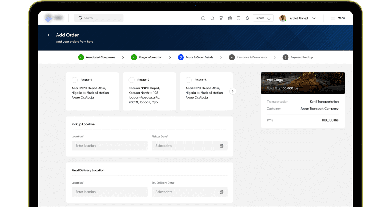 Add Order — Route & Order Details