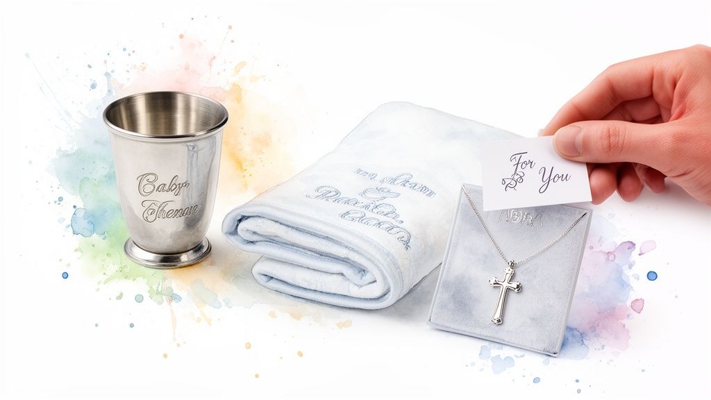 A collection of personalized silver baptism gifts: an engraved cup, embroidered blanket, and cross necklace.