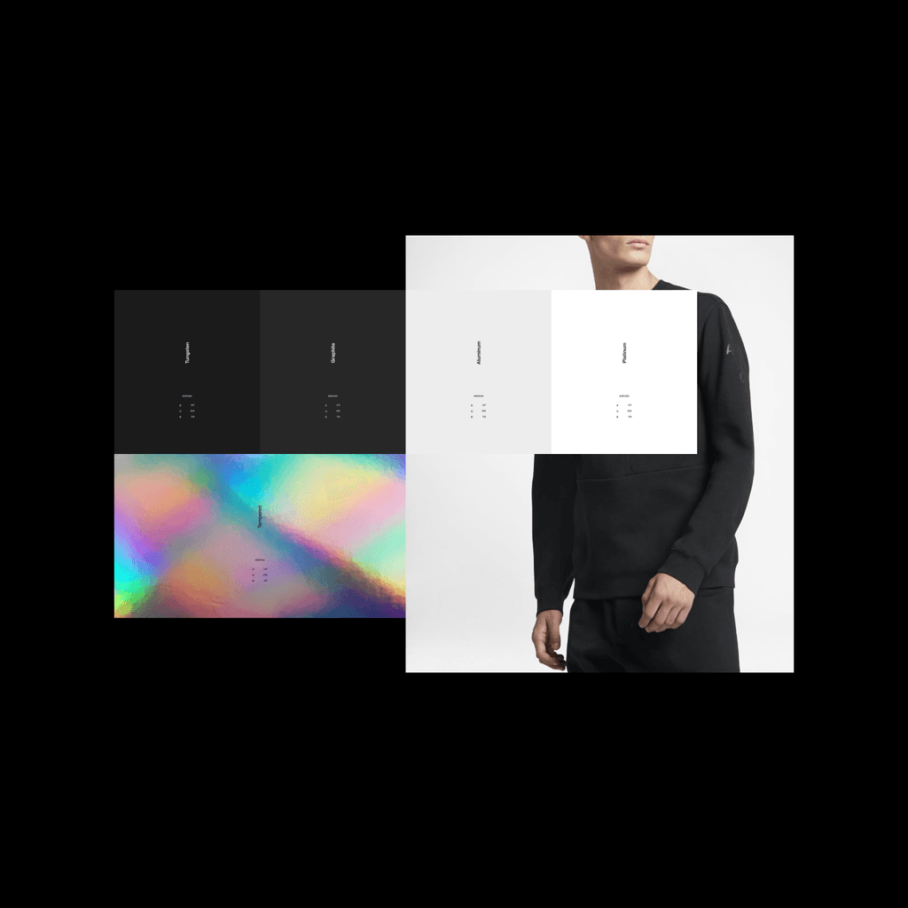 Nike material brand identity system with holographic texture palette and apparel, brand design by Michael Novia