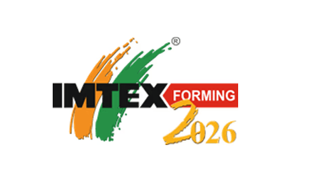  IMTEX FORMING 2026 official cover image featuring prominent event logo and "2026" branding above panoramic view of crowded BIEC Bengaluru expo halls, manufacturing professionals navigating machinery booths with laser demos and forming presses visible