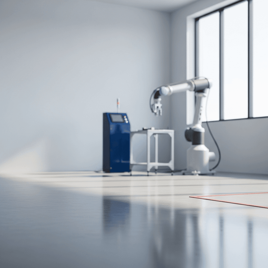 Editorial photograph of a clean, minimalist manufacturing cleanroom with a single, sleek robotic arm in the background, out of focus. The foreground has a polished concrete floor reflecting soft, natural light from a large window. The scene is calm and uncluttered, with ample negative space in the upper-left third for text overlay. Color palette is dominated by muted grays and whites, with subtle accents of Agintex brand colors #1F3B5B on a small control panel and #E76F51 on a safety line on the floor. Aspect ratio 16:9. Photorealistic, natural lighting, no people, no text, no logos.