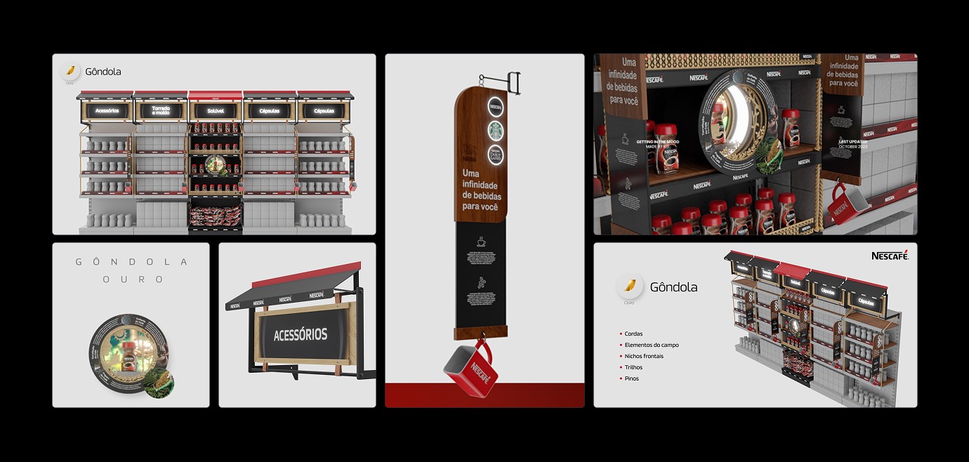 Projeto de gôndola premium Nescafé por Eduardo Lôbo, Diretor Criativo. Design focado em experiência phygital.
