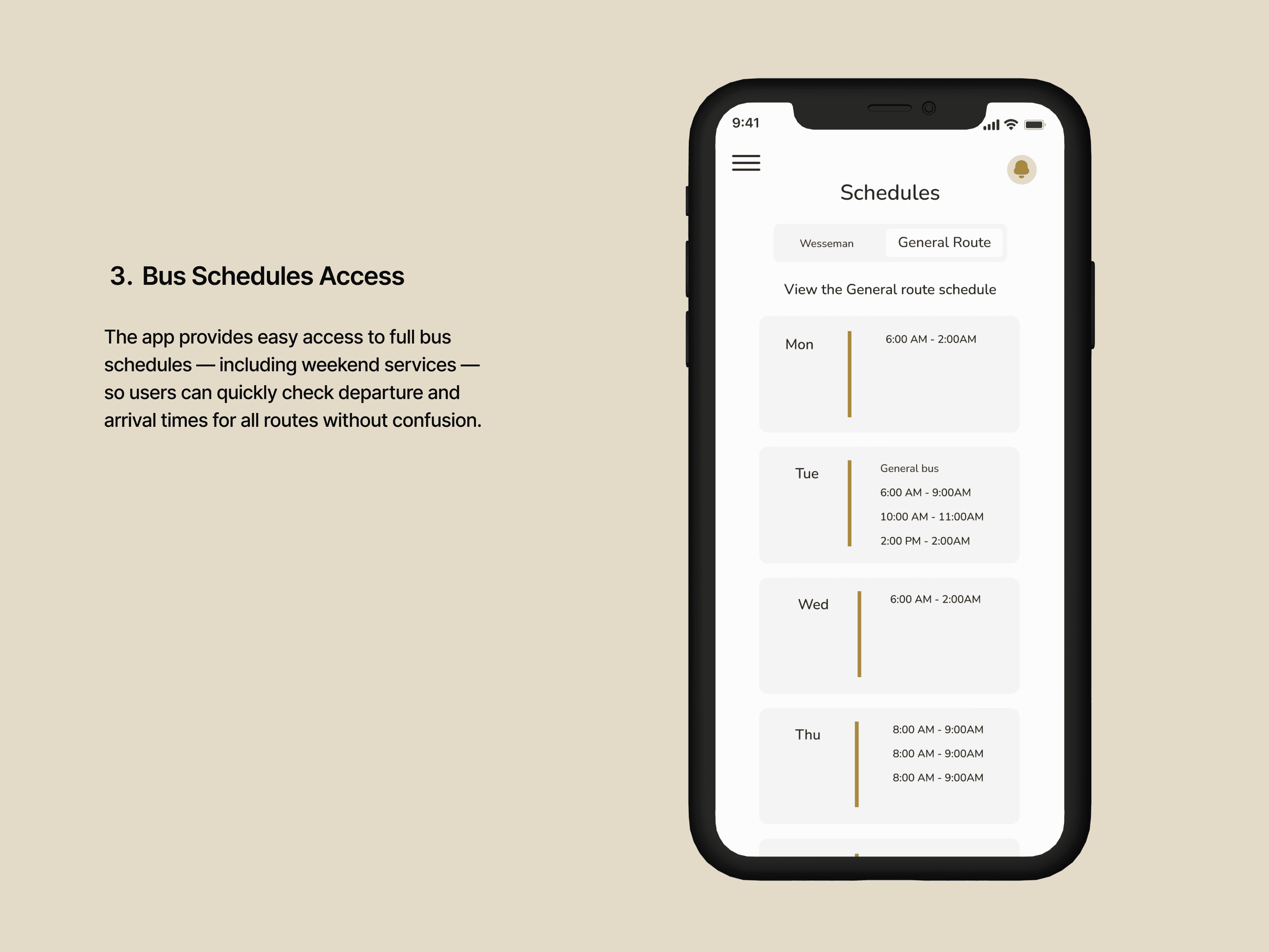 A smartphone displays a mobile app UI mockup showing a bus schedule, with clear, organized time slots for each weekday, highlighting UI design and mobile convenience.