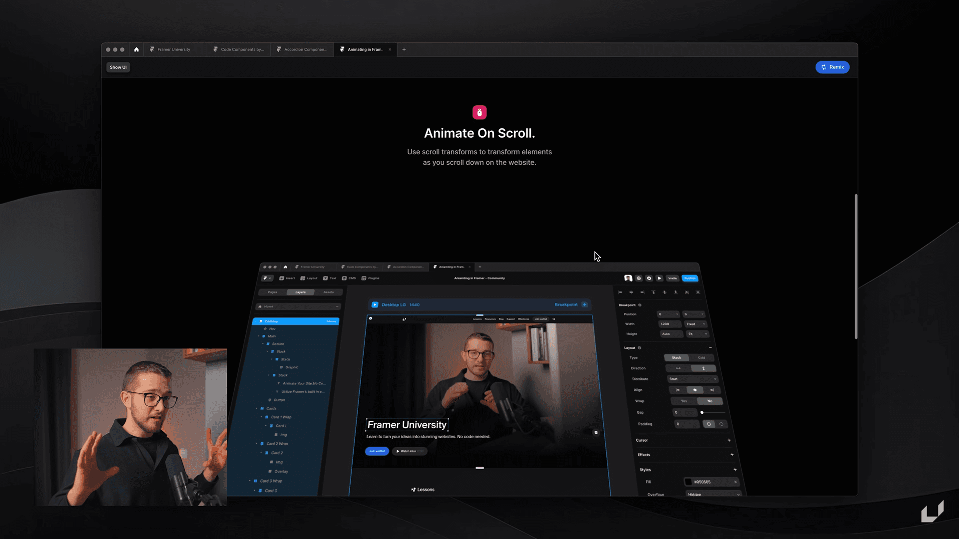 Framer workspace showcasing scroll-based animations and layout setup