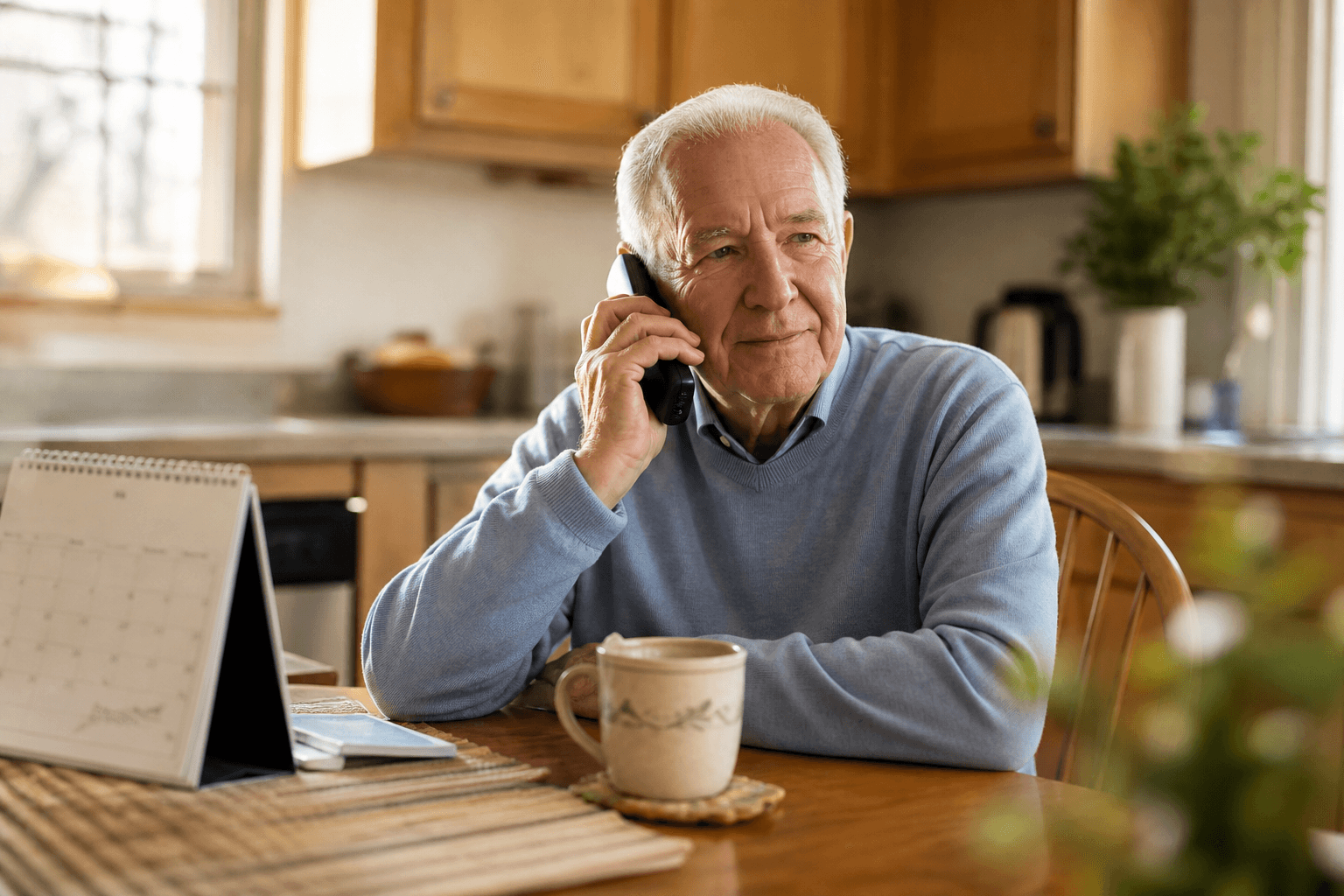 The image shows an elderly man sitting at a wooden kitchen table engaged in a phone conversation. He is wearing a light blue sweater and appears thoughtful while holding a black cordless phone to his ear. On the table in front of him, there is a ceramic mug on a coaster, a closed notebook, and a desktop calendar showing a monthly layout. The setting is a cozy, well-lit kitchen with wooden cabinets and some greenery visible in the background. This image is suitable for use in contexts related to senior living, communication, telehealth, or lifestyle documentation.