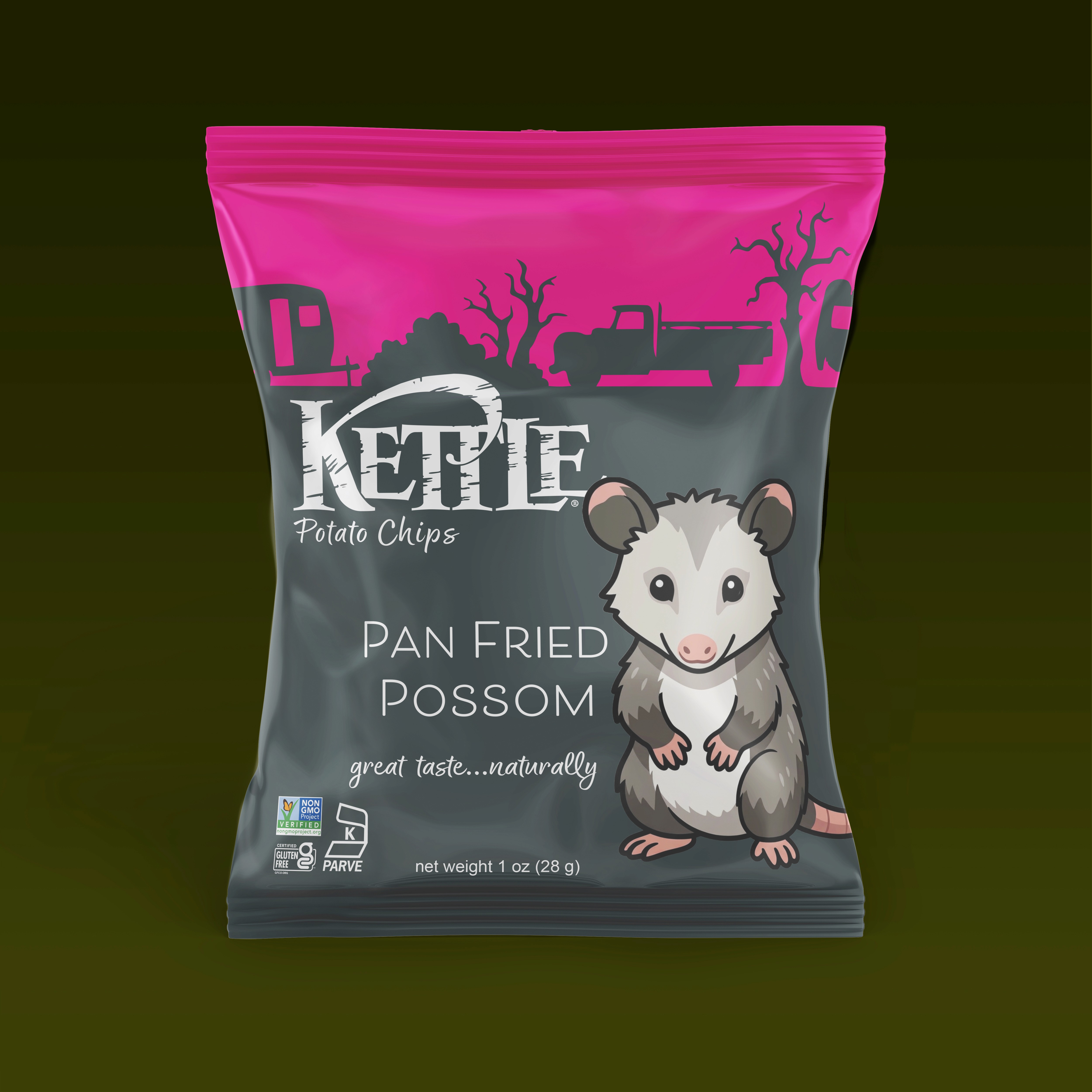 a bag of kettle chips with a possom on it flavored pan fried possom