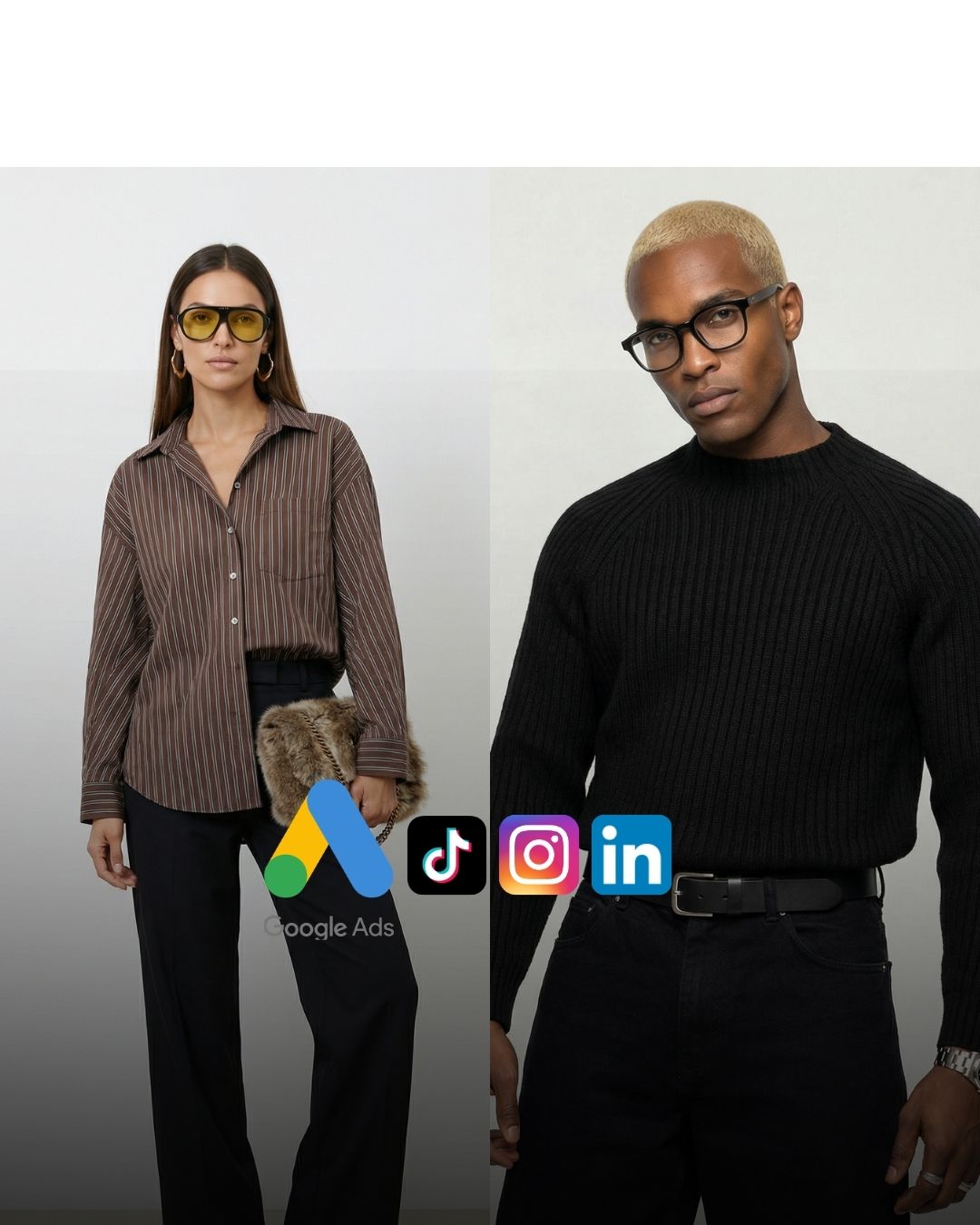 Four images feature a person wearing tank tops in different colors—white, green, blue, and red—paired with black pants against simple backdrops.