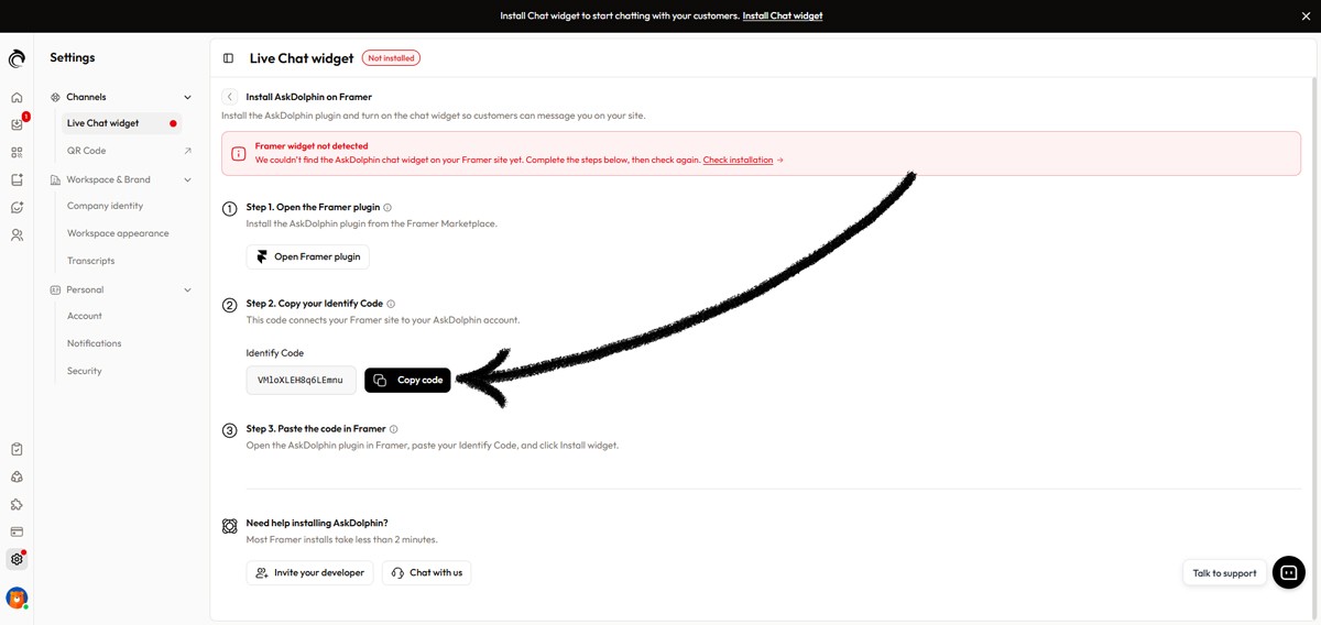 AskDolphin Framer installation page showing Identify Code section with copy code button
