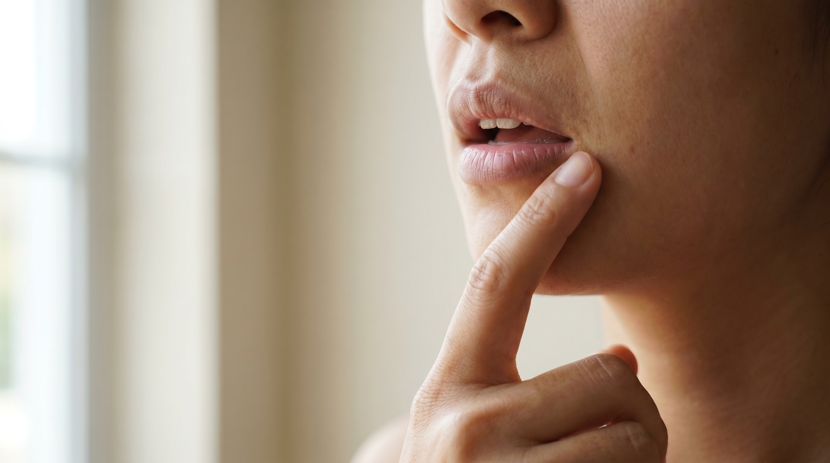 Patient pointing toward back molar area indicating concern about a loose dental implant