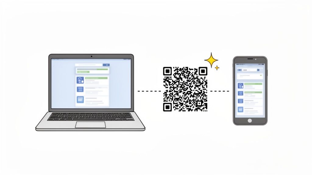 Illustration of a laptop and a smartphone connected via a QR code for quick data transfer.