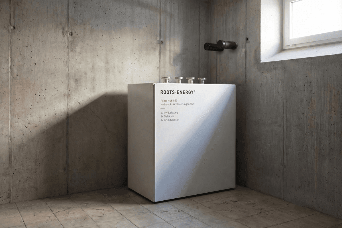 Roots Hub mit hybrider Wärmequelle  aus stiller Luftwärme und Erdwärme