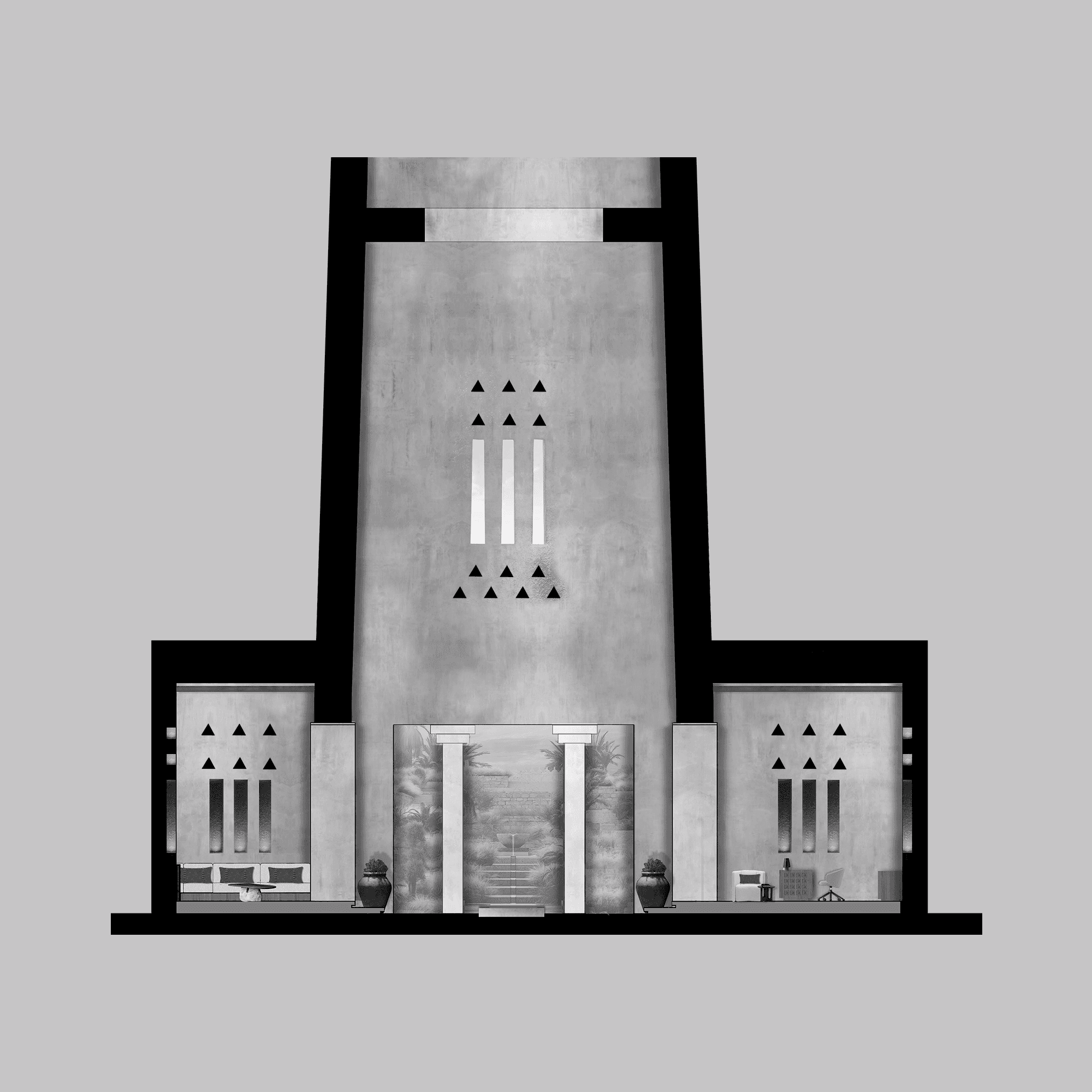 Elevation, lobby and traditional cooling tower