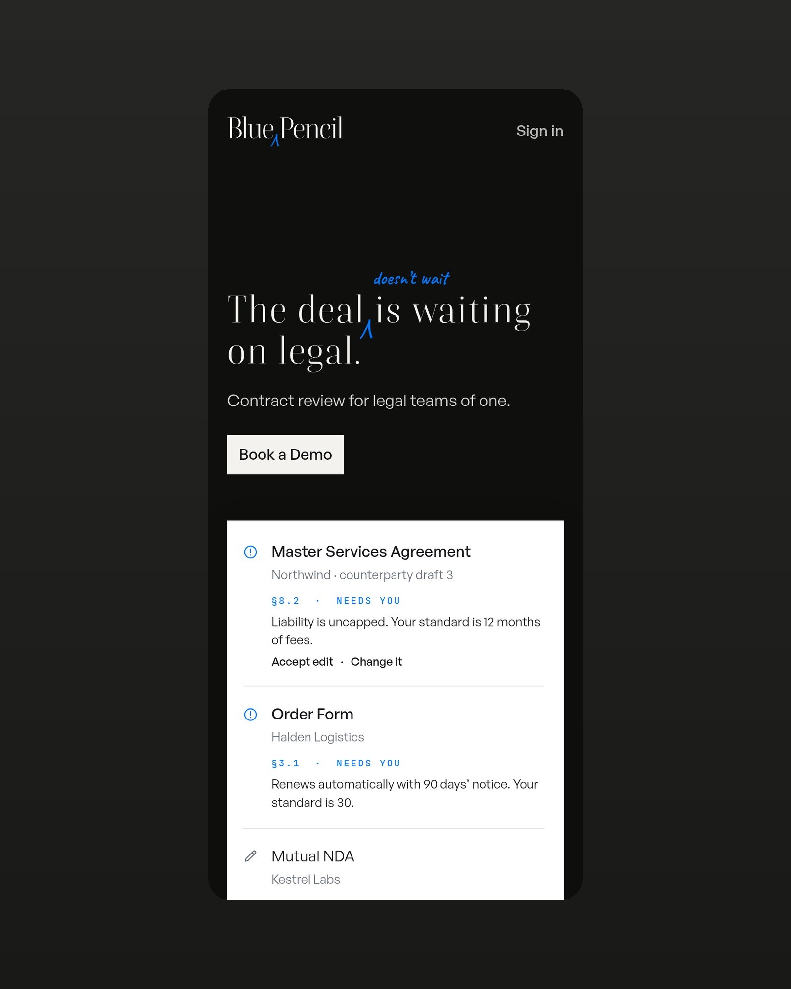Blue Pencil landing page on a phone: 'The deal is waiting on legal.' with 'doesn't wait' written in blue, above a review queue where two contracts need you.