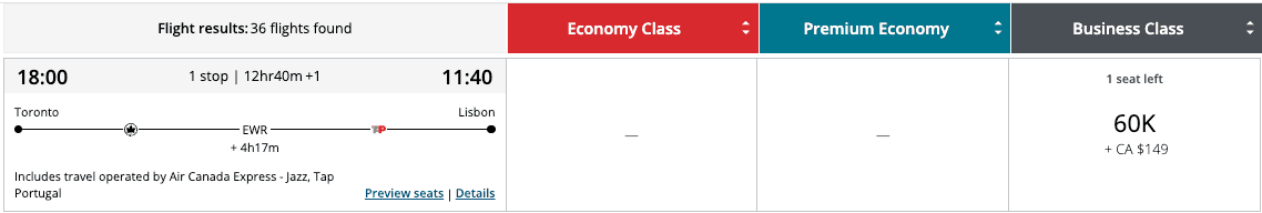 Aeroplan business class from Toronto to Lisbon