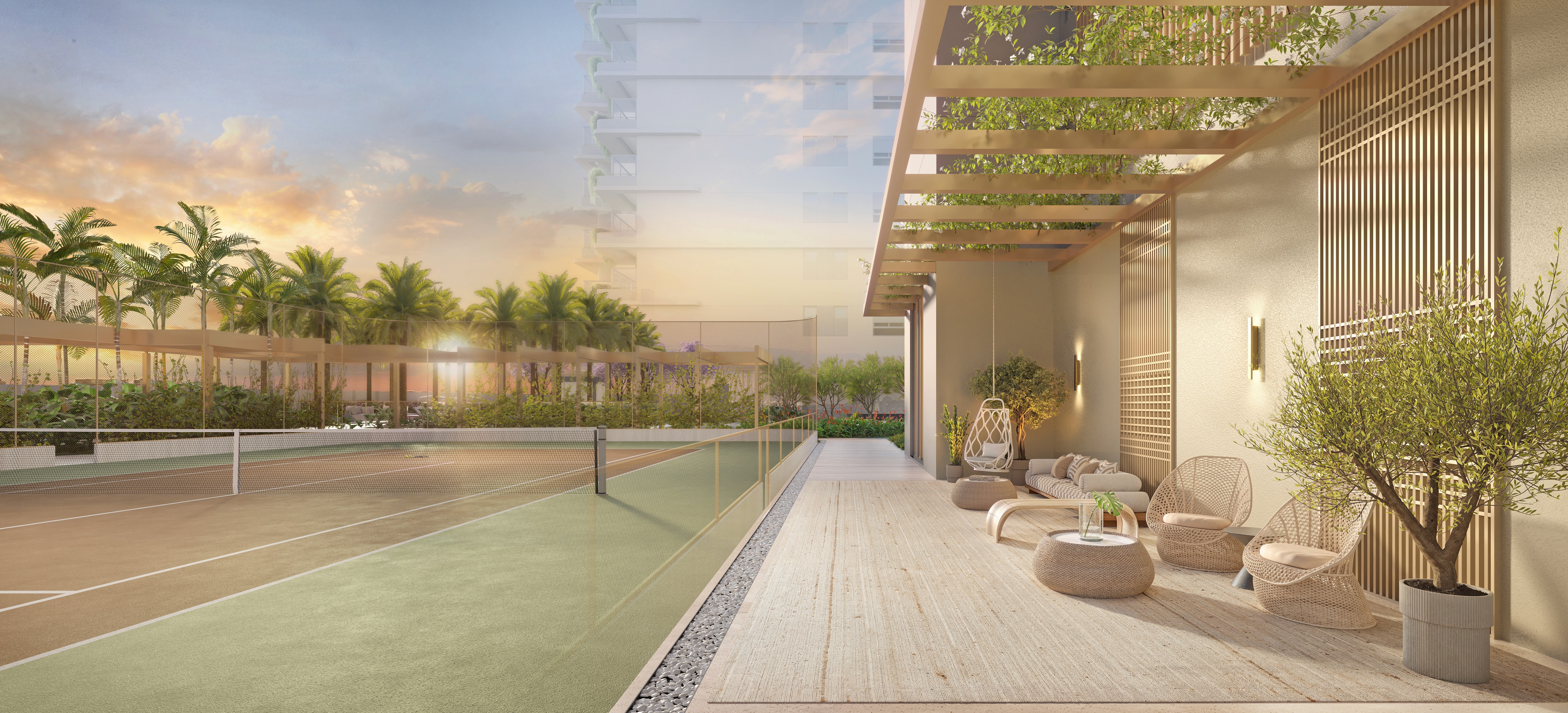 Curved modern skyscraper against a clear blue sky.