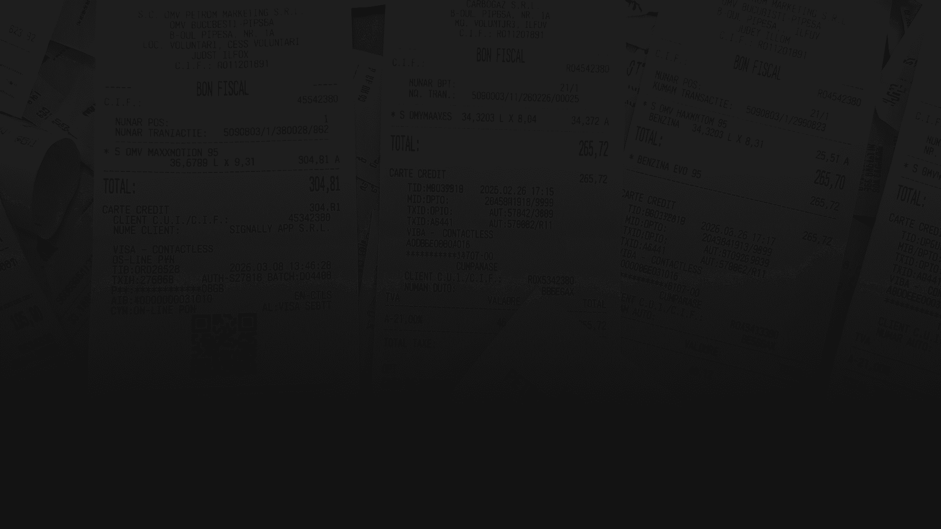 Colecție de bonuri fiscale de combustibil, ilustrând necesitatea digitalizării deconturilor și a generării automate de foi de parcurs