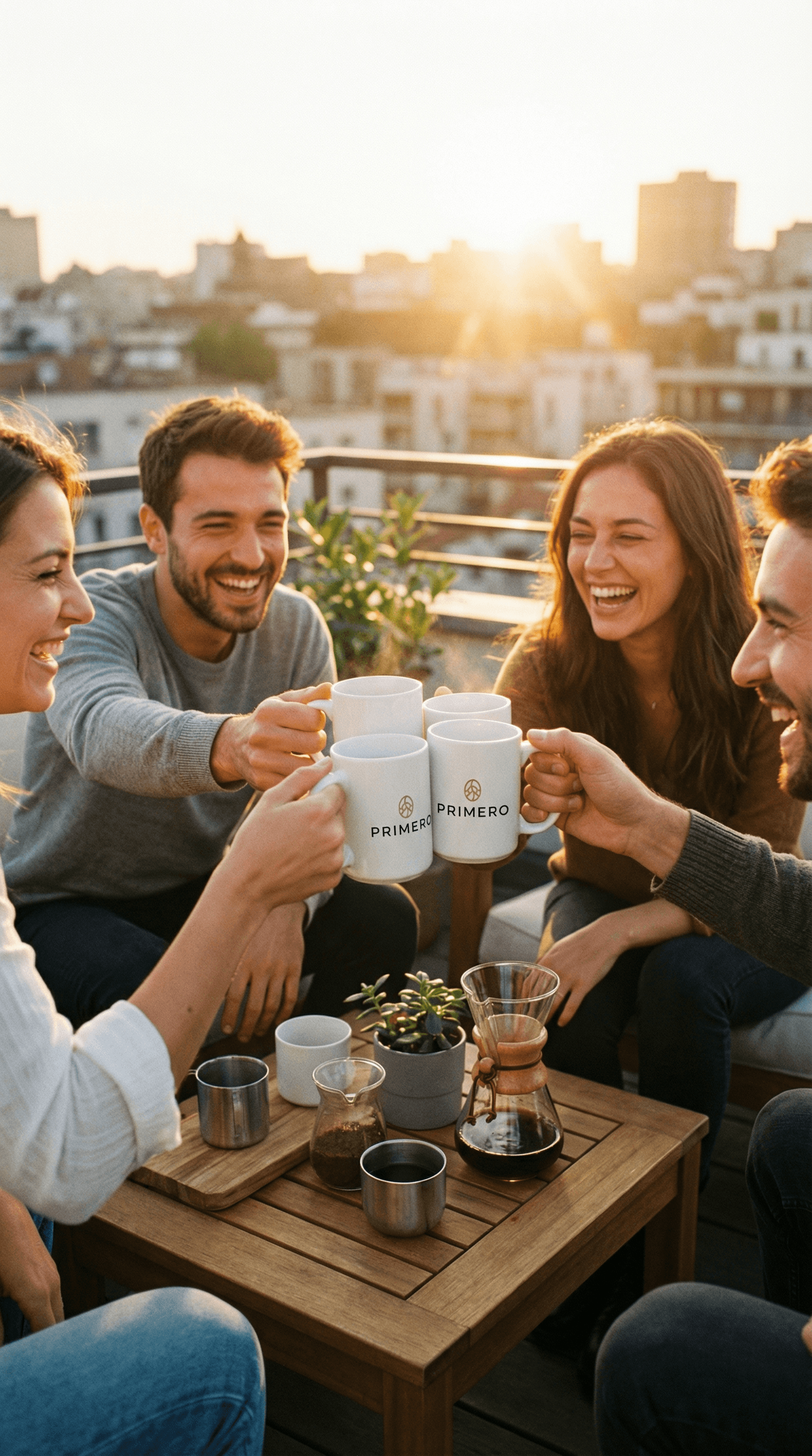 Friends raising PRIMERO coffee cups on a rooftop terrace