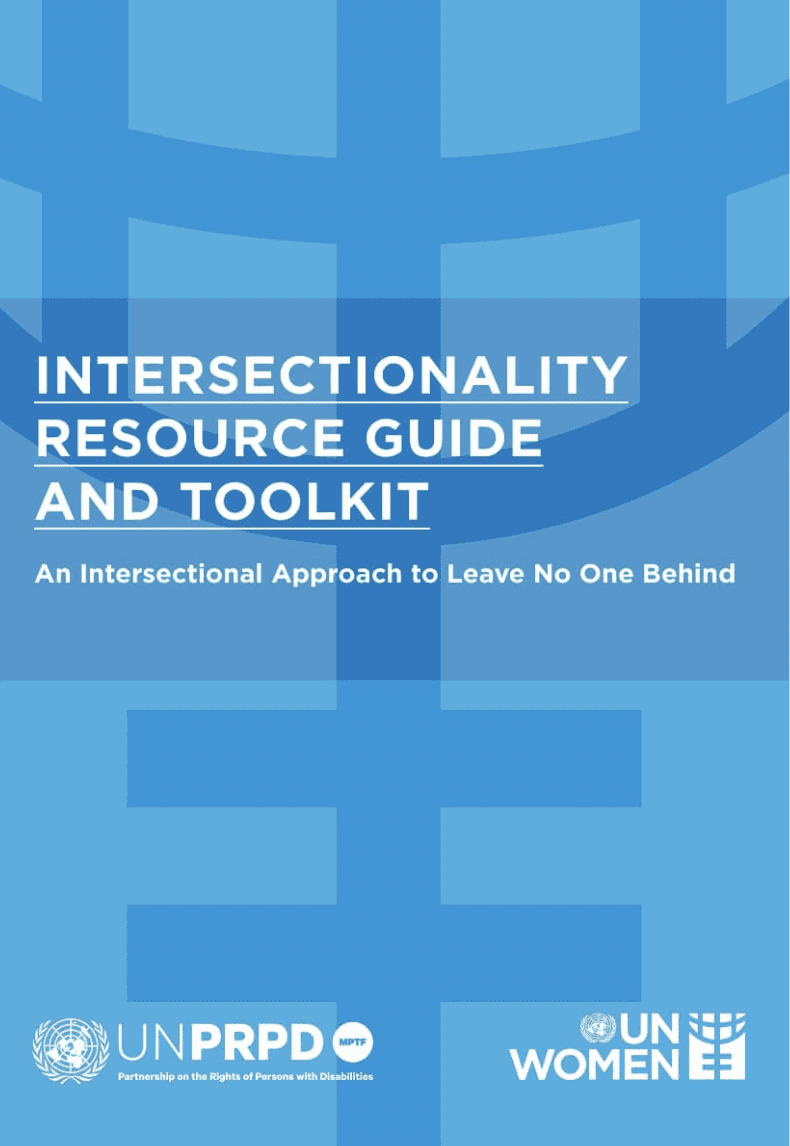 Cover page for "Intersectionality Resource Guide and Toolkit: An Intersectional Approach to Leave No One Behind," featuring a blue abstract geometric background with logos for UNPRPD (Partnership on the Rights of Persons with Disabilities) and UN Women at the bottom.