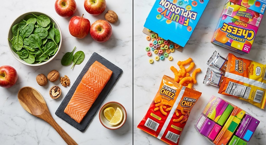 A high-contrast flat lay image comparing unprocessed whole foods on the left (fresh spinach, salmon, walnuts, apples, lemon) with ultra-processed packaged snacks on the right (neon cereal, cheese puffs, snack bars) on a marble countertop.