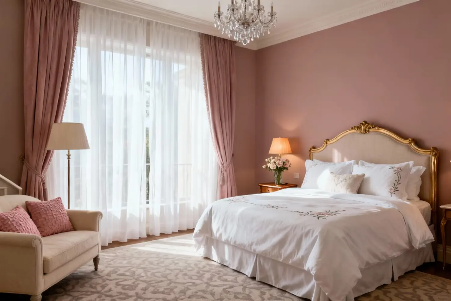 Luxurious traditional hotel bedroom with pink walls and gold headboard.
