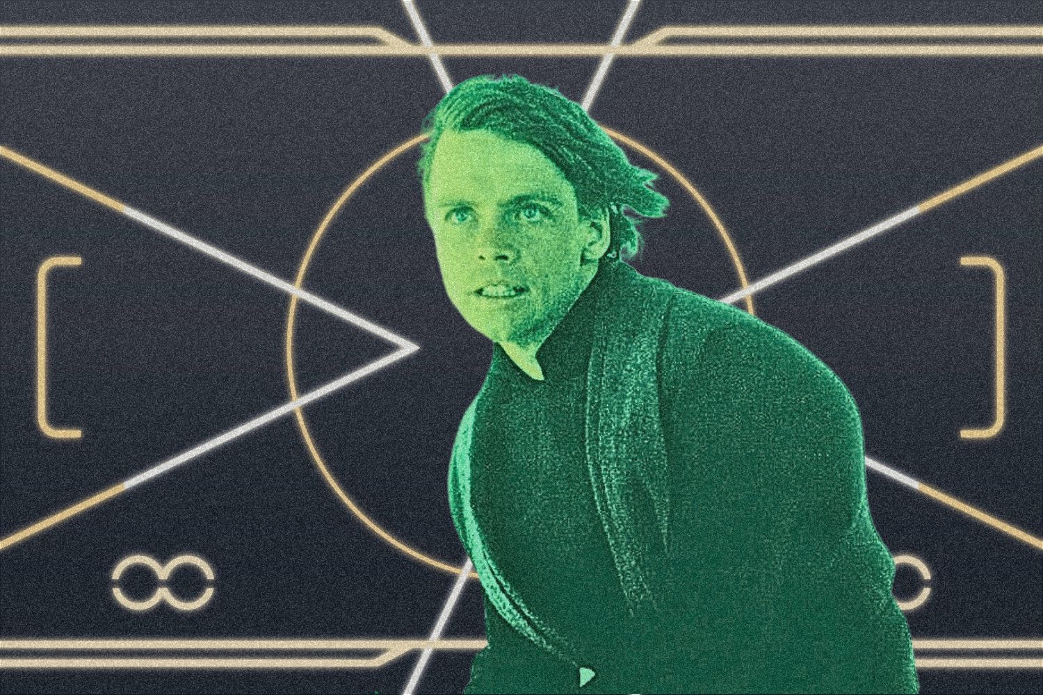 Luke Skywalker from Return of the Jedi covered in a green filter in front of a digital background