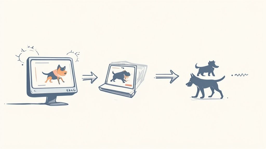 Illustration von Datenströmen, die in eine stilisierte Gehirn-Grafik fließen und dort verarbeitet werden