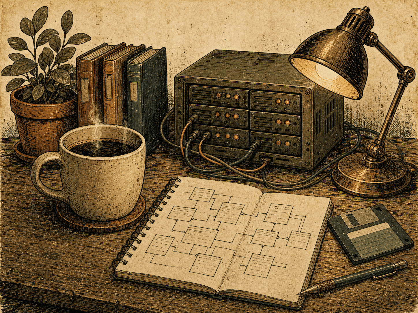 Hand-drawn coffee cup beside a small server rack and a notebook of database diagrams