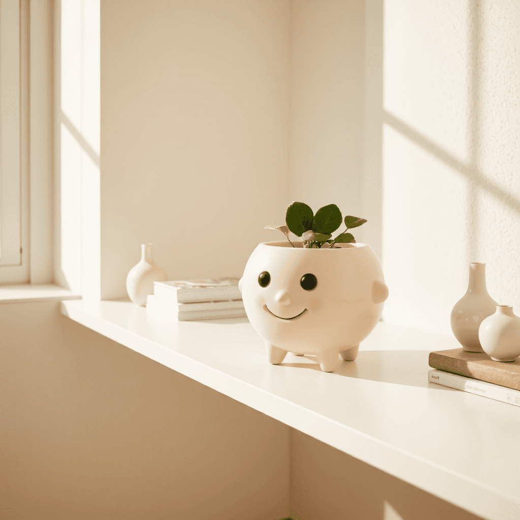 product photography of a decorative planter with a cute character design