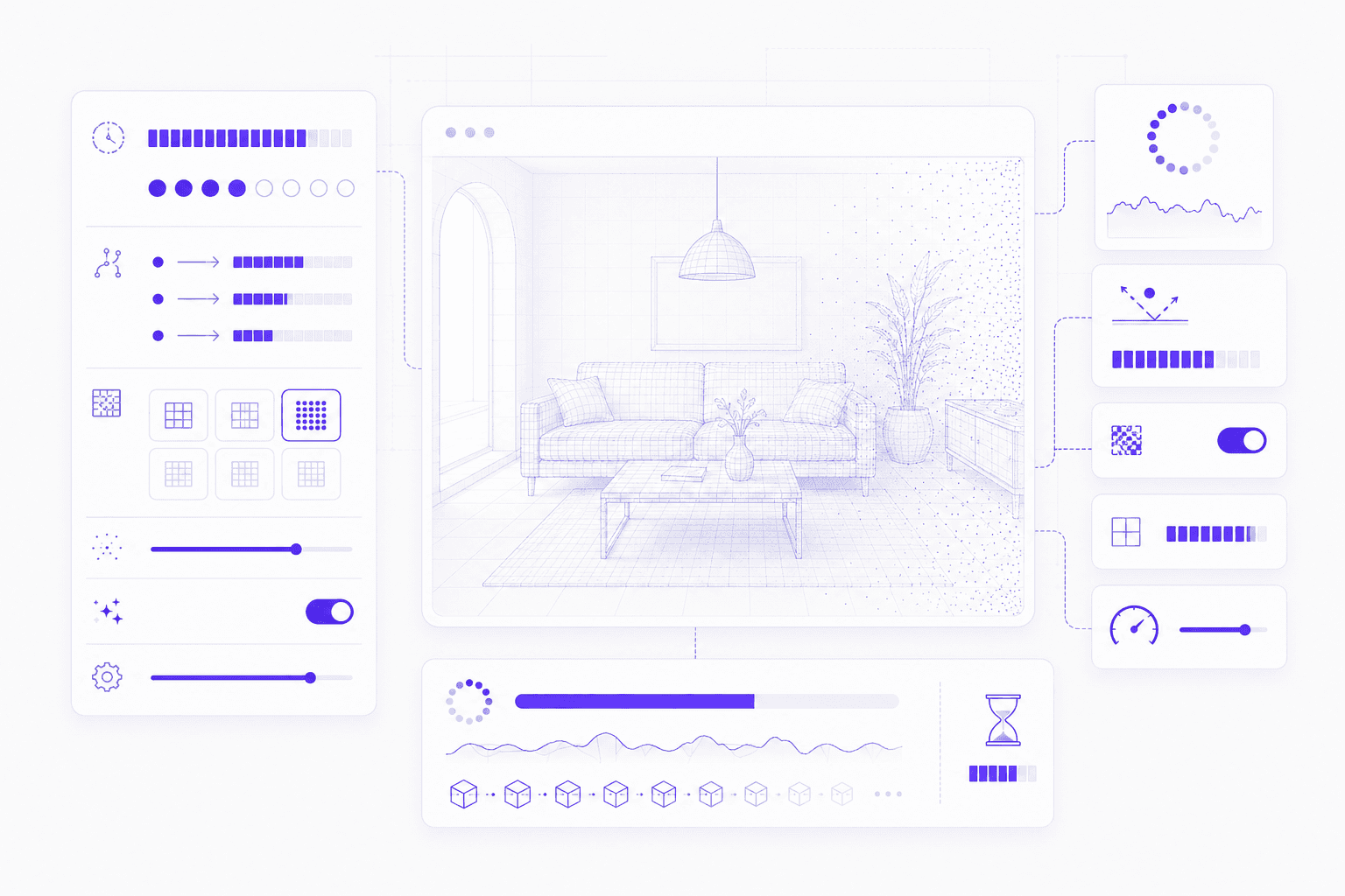 Illustration of an overloaded Blender viewport showing many visible objects, overlays, lighting controls, collections, and performance panels