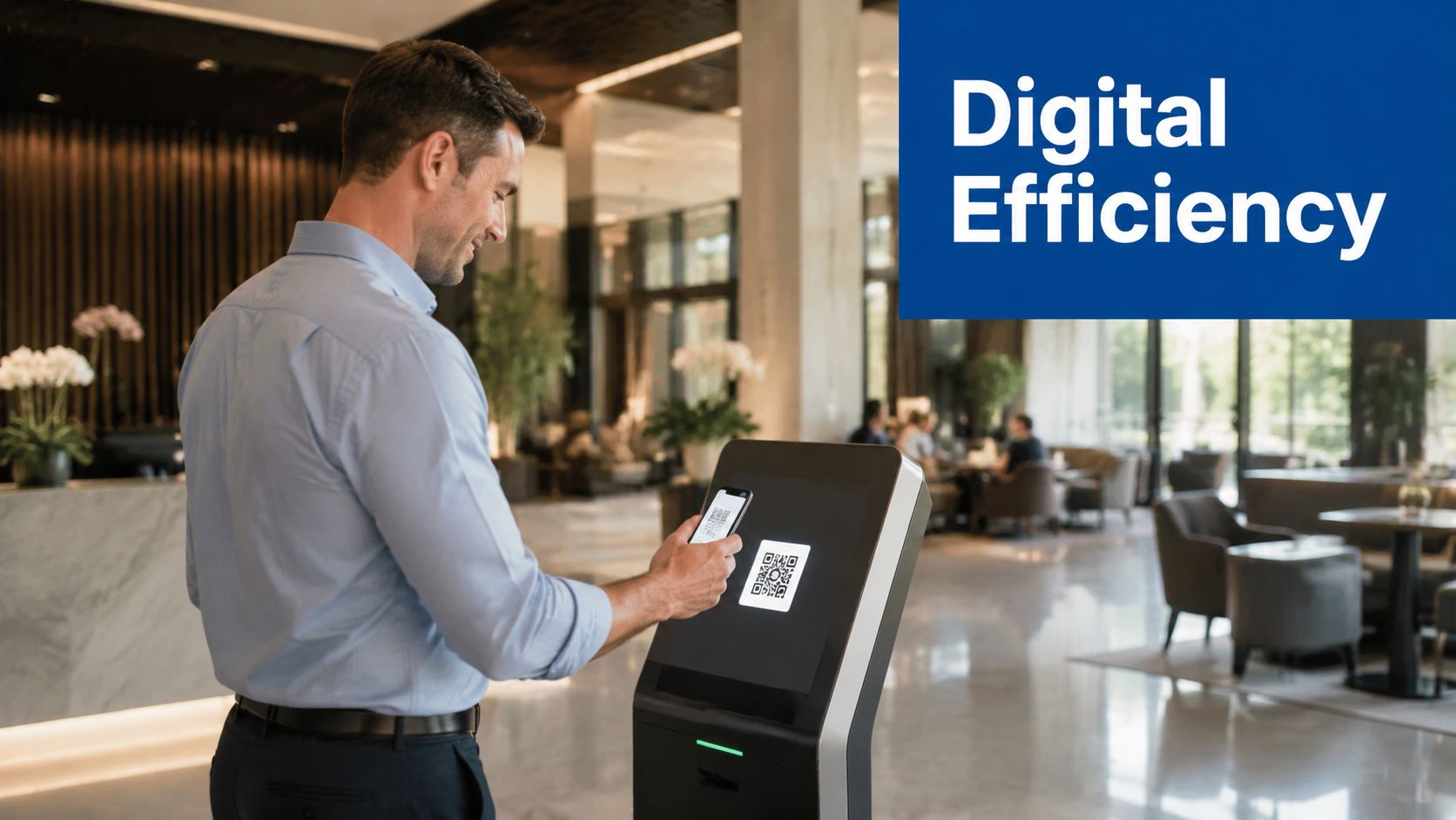 A professional man in a hotel lobby using his smartphone to scan a QR code on a kiosk.