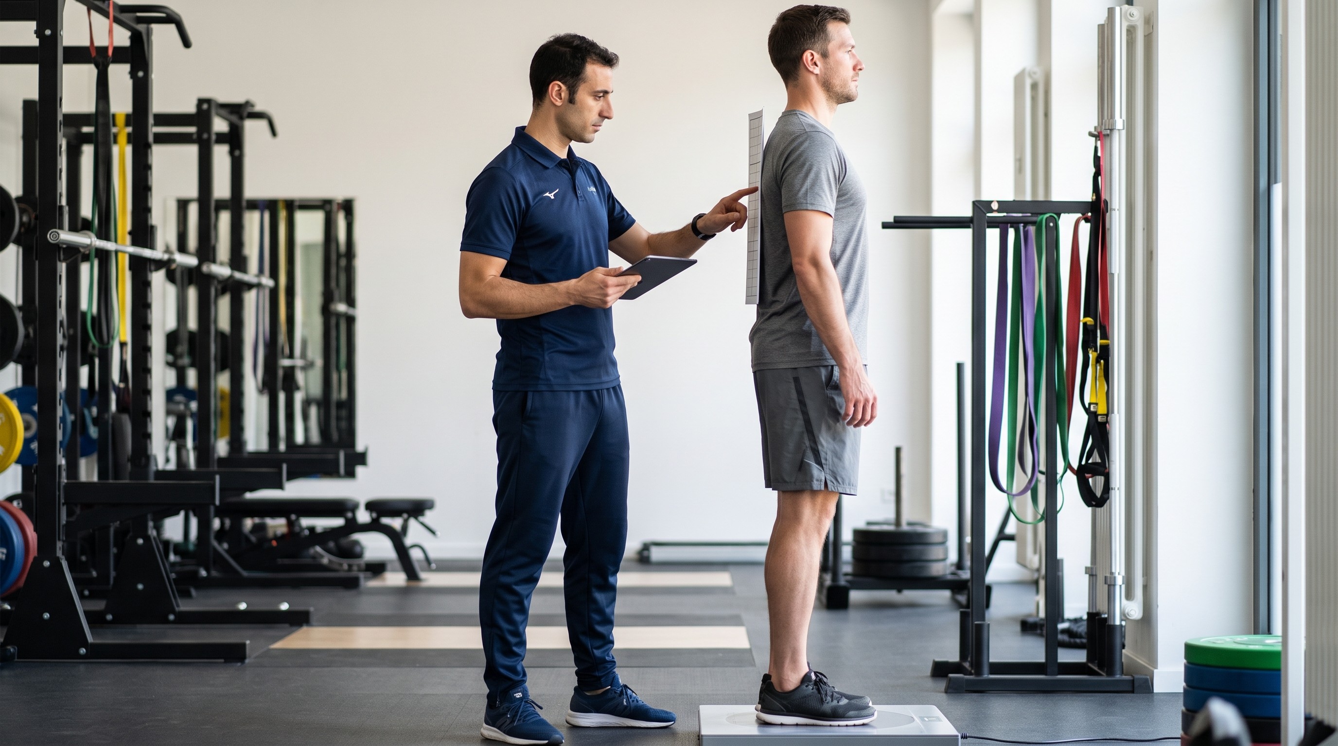 preparatore atletico analizza la postura e la struttura muscolare di un atleta in palestra professionale