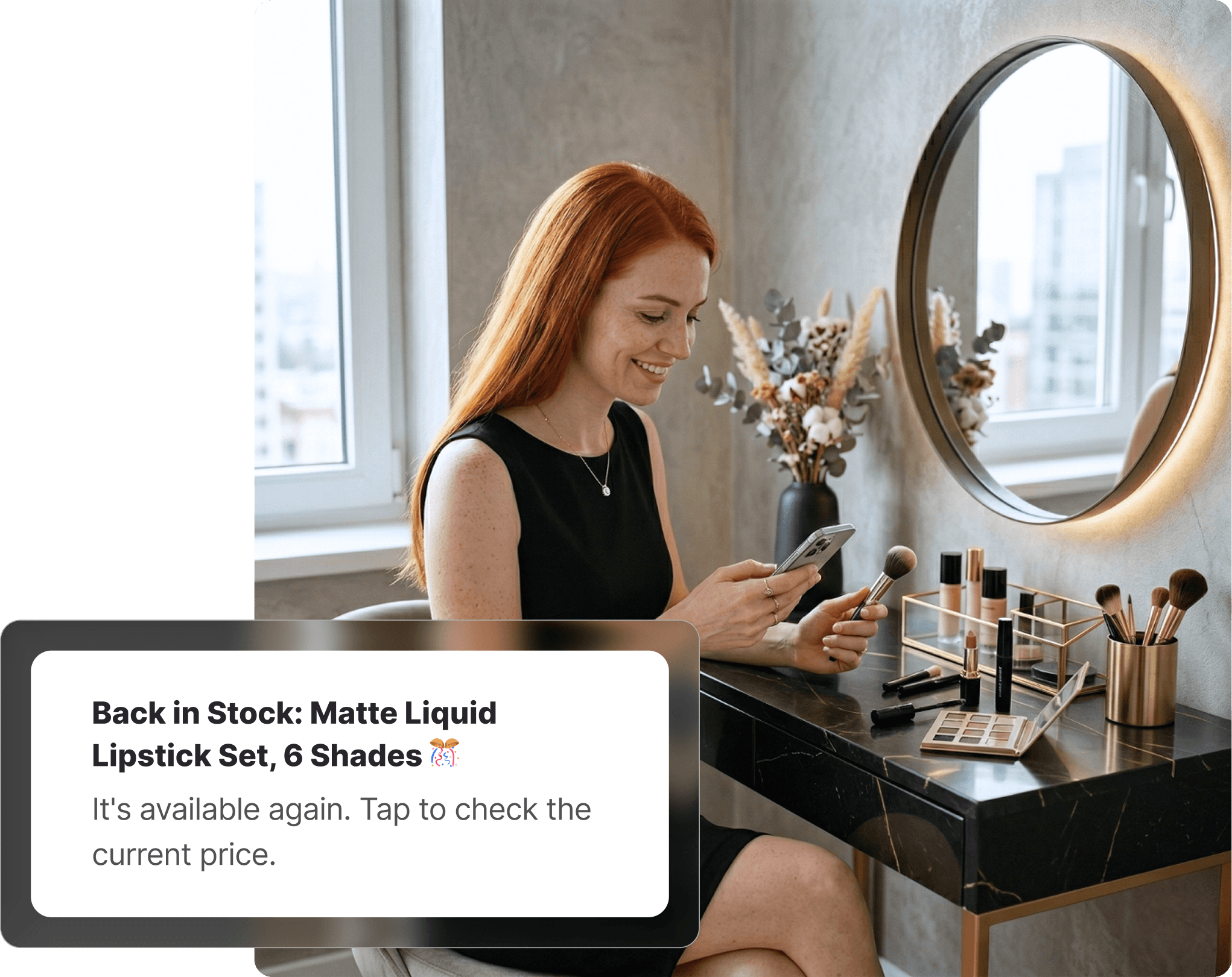 Woman checking her phone at a makeup vanity, with a Whisprice back-in-stock alert for a Sephora Matte Liquid Lipstick Set in 6 shades.