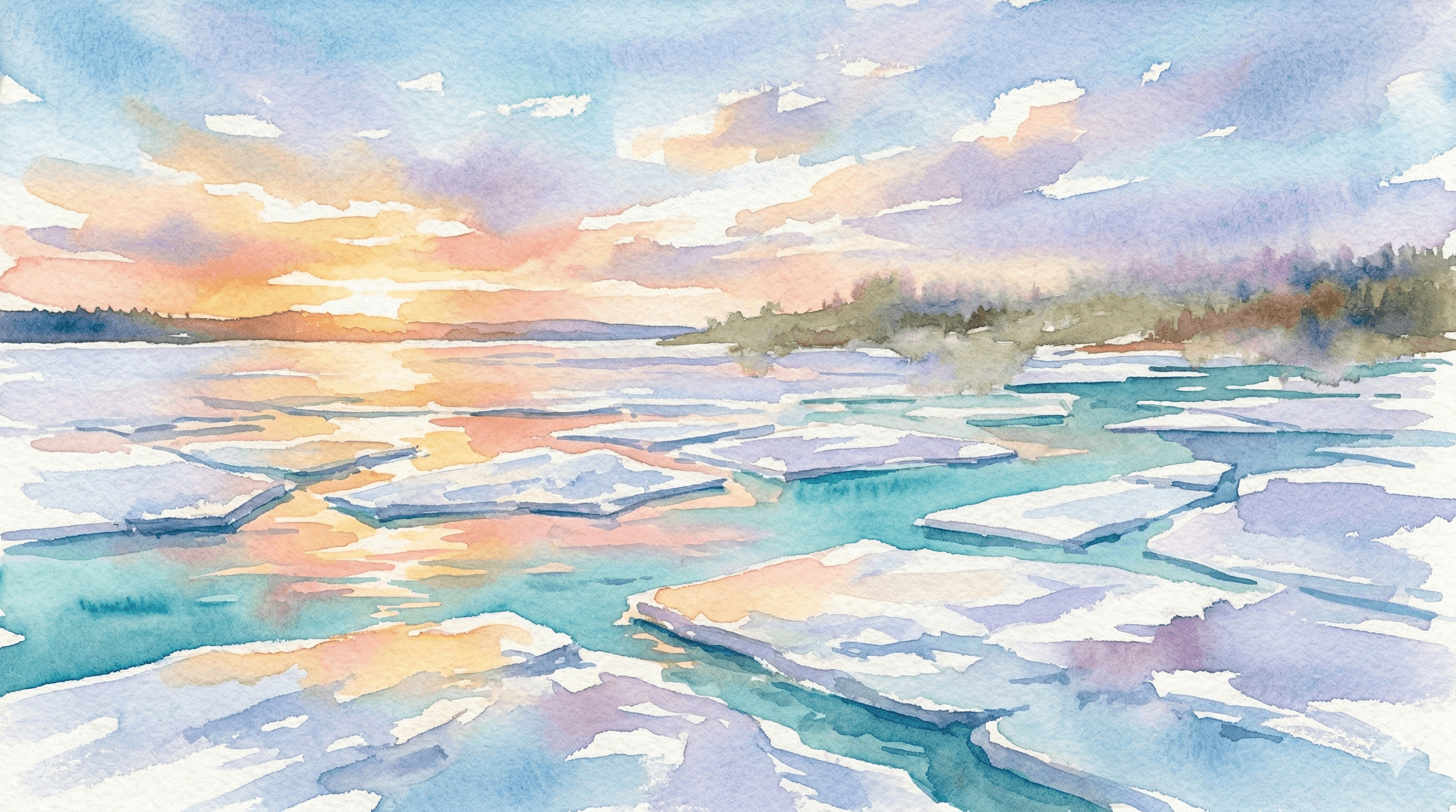 Watercolor frozen lake breaking apart in spring with turquoise water and sunset light