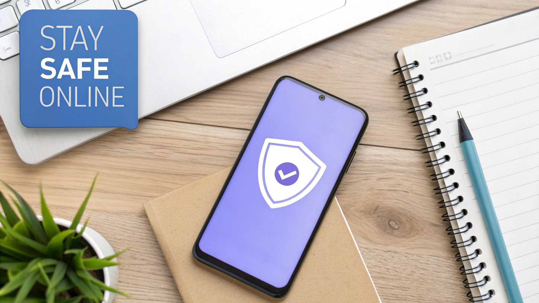 A flat lay of a desk with a laptop, smartphone displaying a security shield, and text 'STAY SAFE ONLINE'.