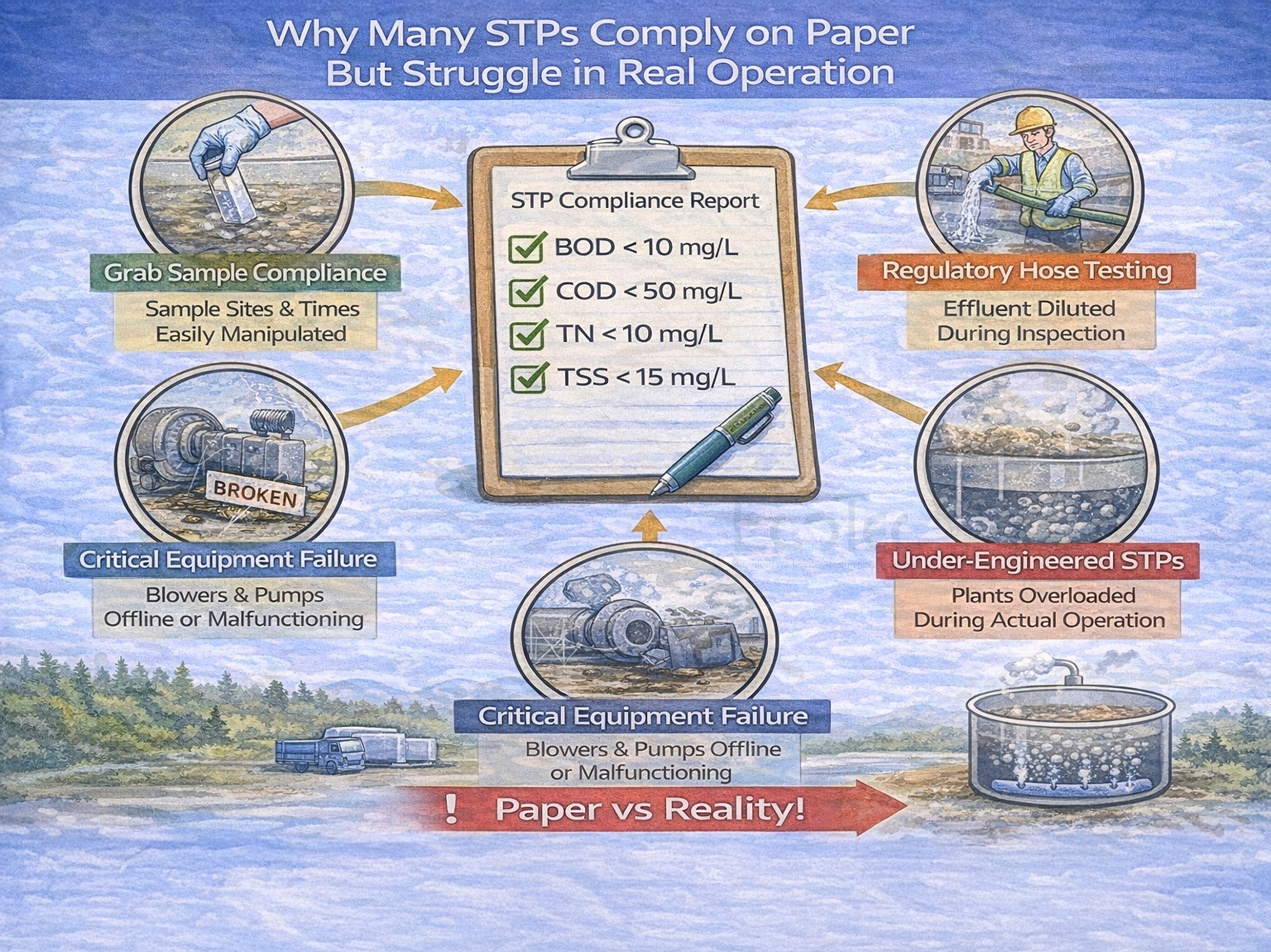 STP compliance vs reality infographic showing sampling issues, overload and equipment failures in operation.