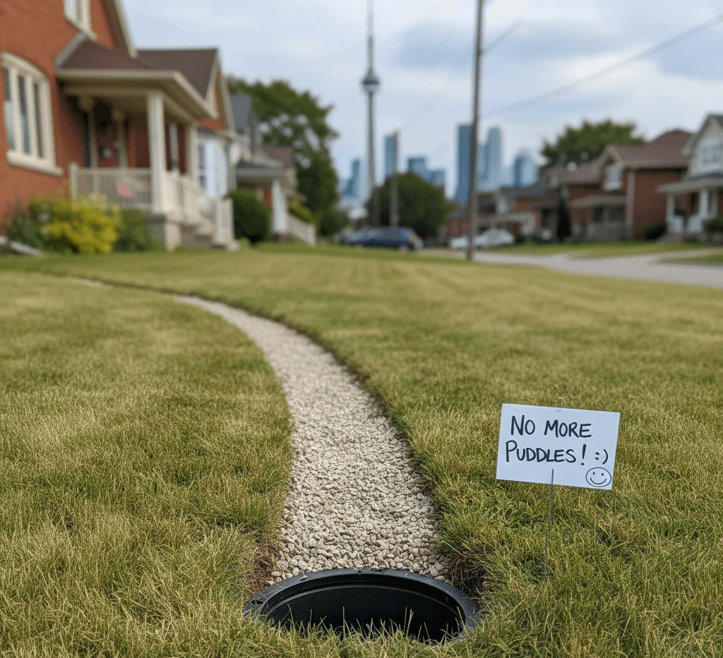 Residential lawn in Toronto after drainage correction, showing healthy, dry green grass with a subtle, well-integrated French drain or a line of decorative stones suggesting the path of the hidden drain, eliminating any signs of puddles or waterlogging, with a friendly, inviting home exterior in the background.