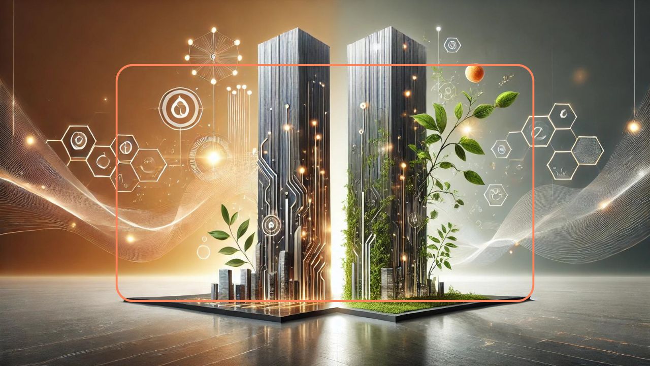 Futuristic skyscrapers merging technology and nature with glowing circuits and green plants