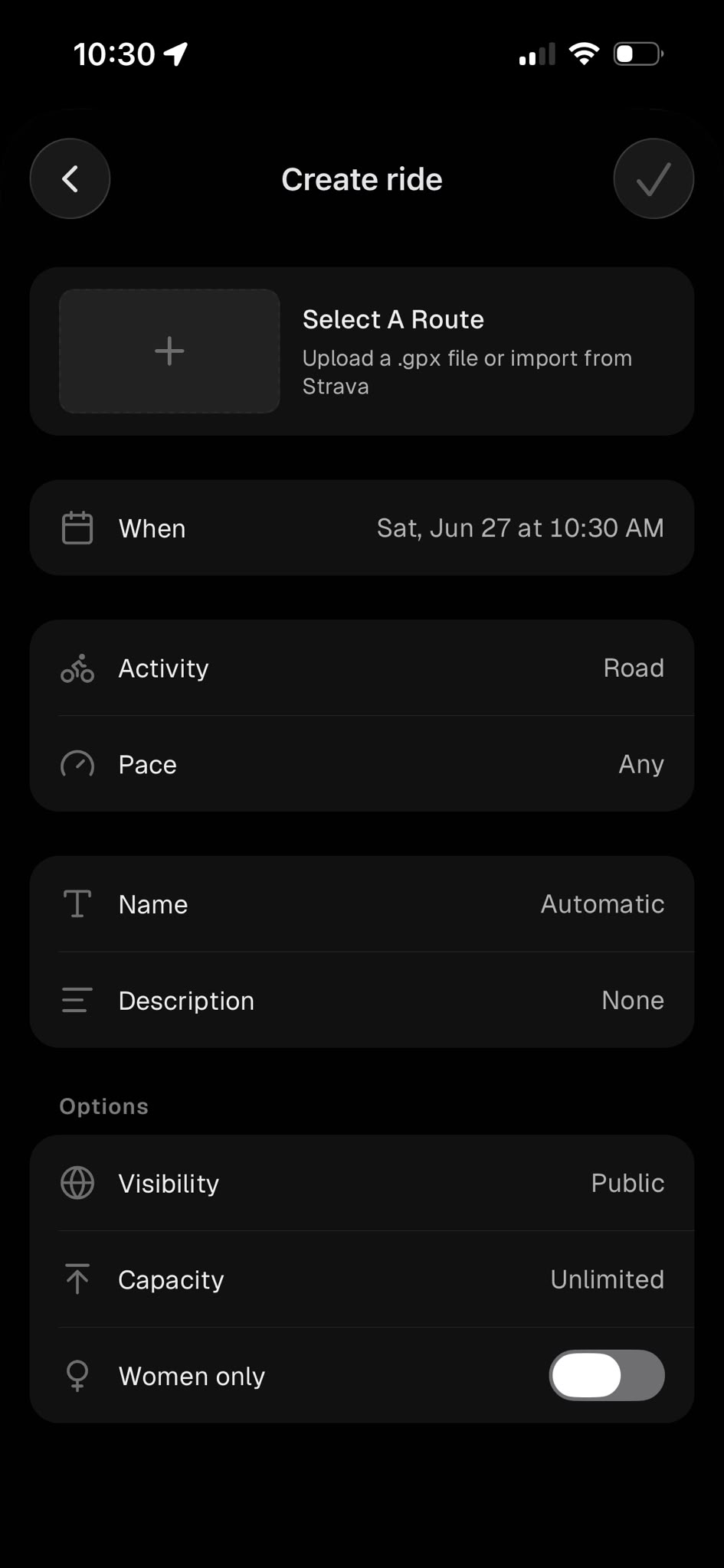 RIDERFINDER create ride screen