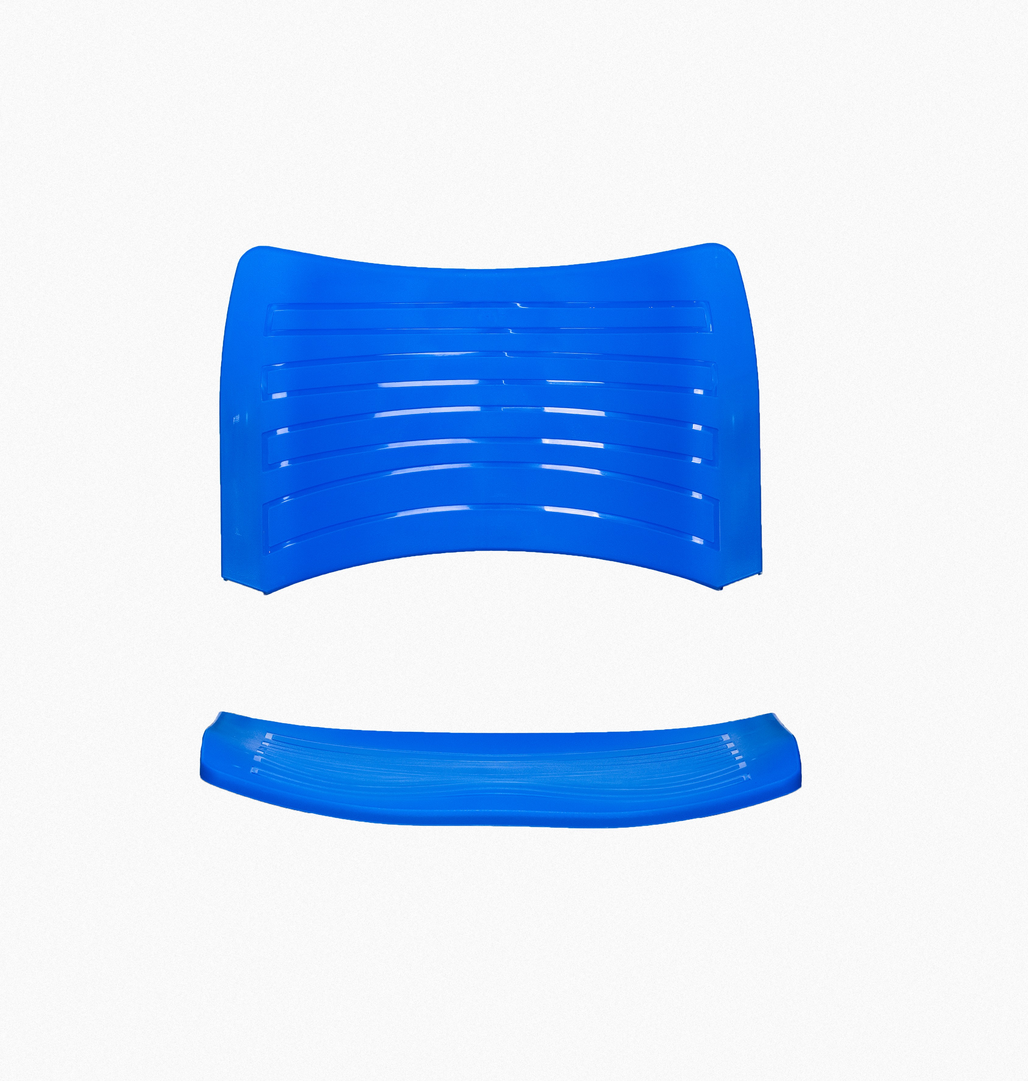 Two blue plastic pieces stacked on a white background, resembling a seat or backrest cushion.