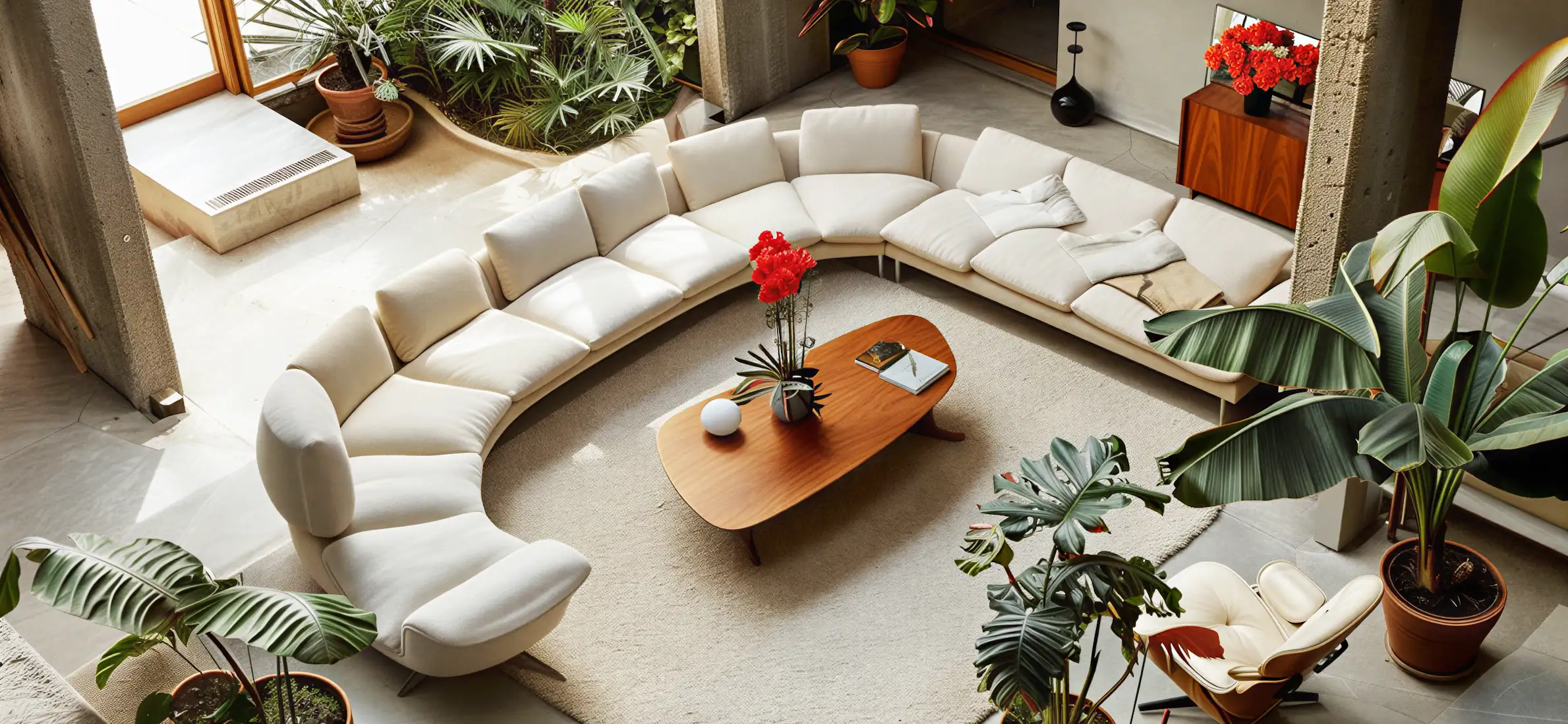Spacious lounge with seating arrangement and decorative accents