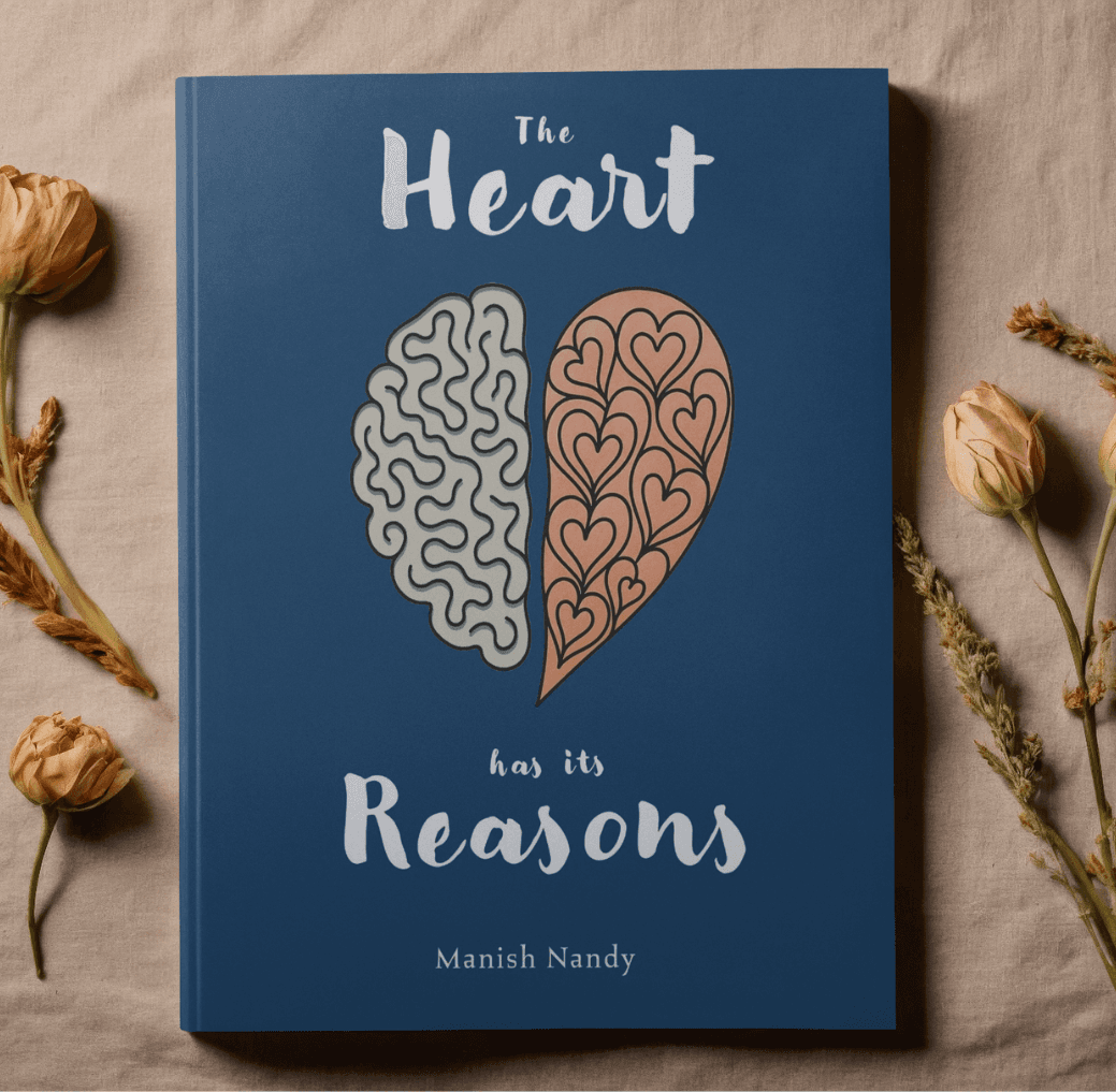 A book titled "The Heart has its Reasons" on a background of soft pick with dried roses