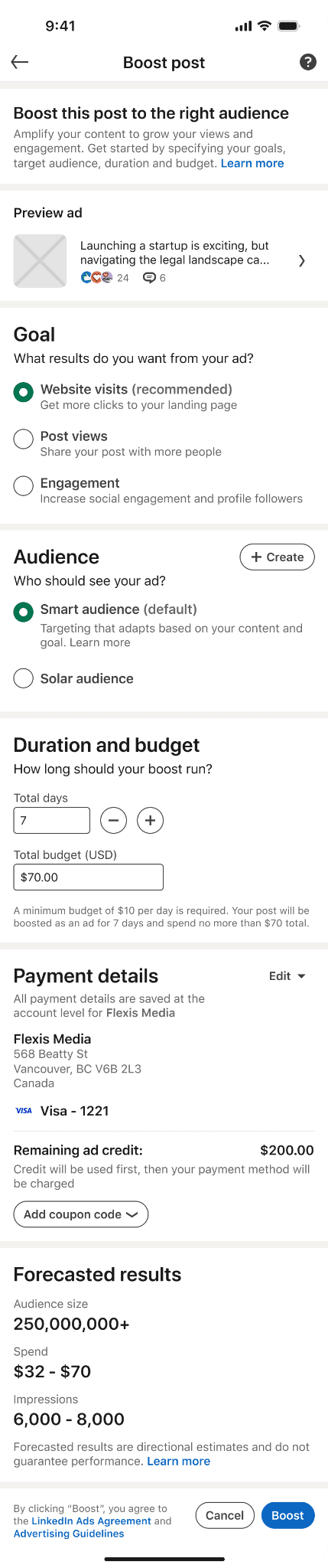 LinkedIn single-page Boost concept