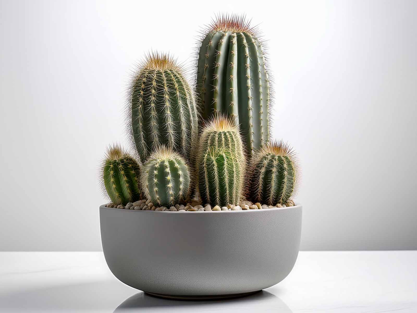 Stylish cacti in decorative planters, creating a modern and low-maintenance greenery solution for St. Louis offices, part of Tropical Decor’s services.