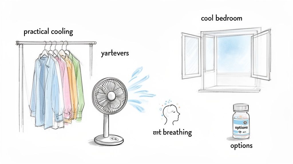An illustration showing practical cooling methods: clothes, fan, open window, breathing, and medical options.