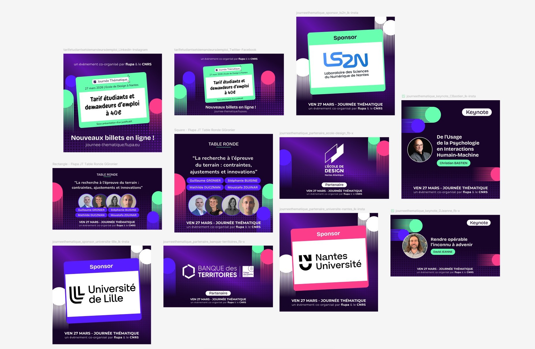 Designs variés pour des posts sur les réseaux sociaux (annonce tarifs, annonce orateurice, annonce sponsors et partenaires....)