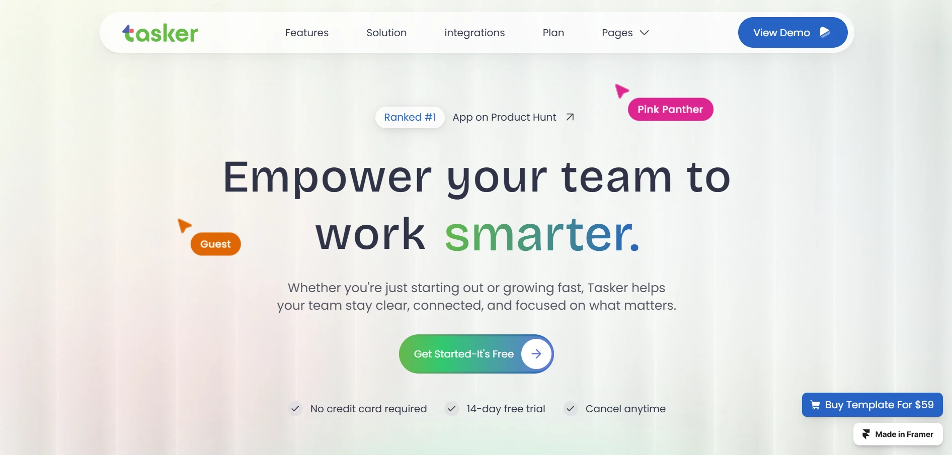 Homepage of the Tasker template 