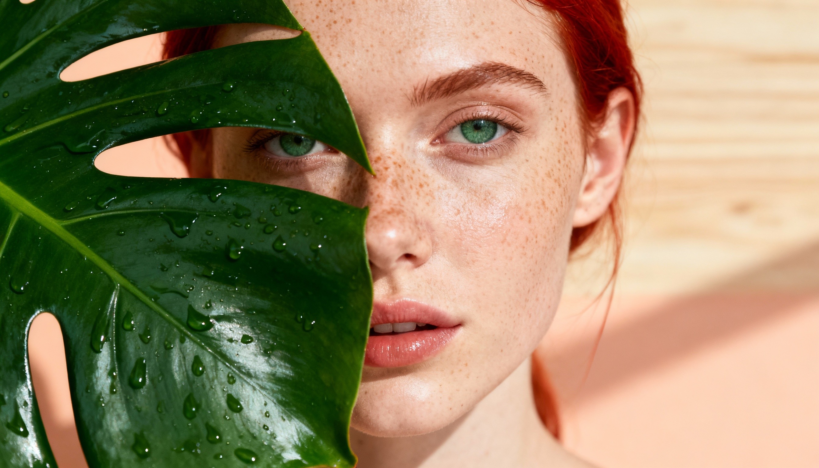 Closeup of freckled woman's face with a large monstera leaf covering half of her face
